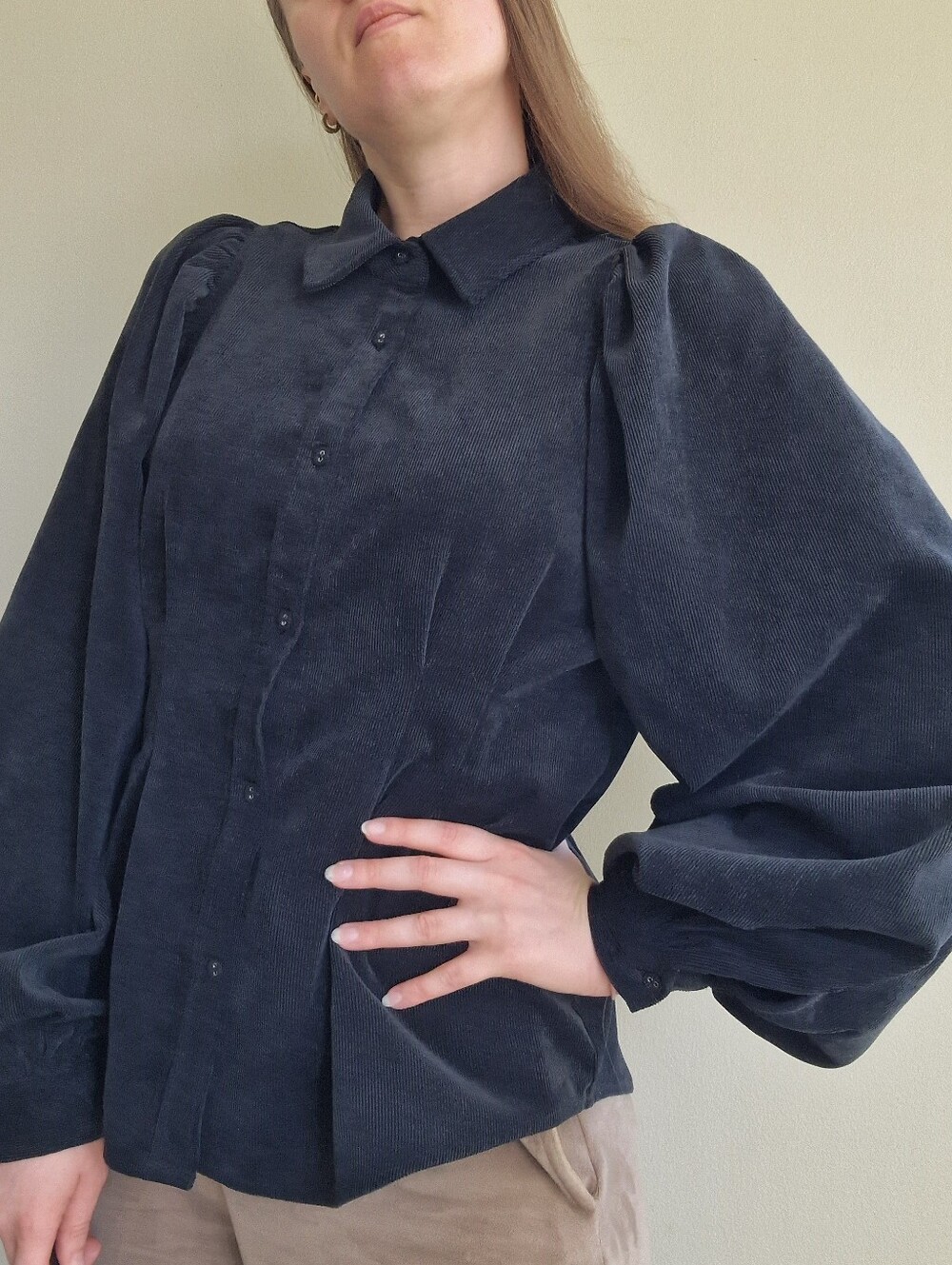 Women's Black Puff-Sleeve Corduroy Button-Down Shirt